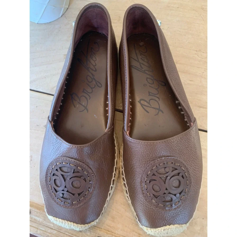 Brighton Groove Brown Pebbled Leather Espadrille Flats Medallion Womens 7‎